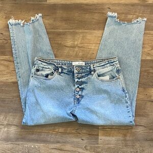 KanCan Light Blue High-Rise Button-Fly Jeans with Frayed Hem